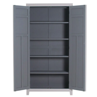 armoire-parisienne-vue-face-ouverte-etageres Armoire Parisienne grise et gris souris portes ouvertes avec étagères