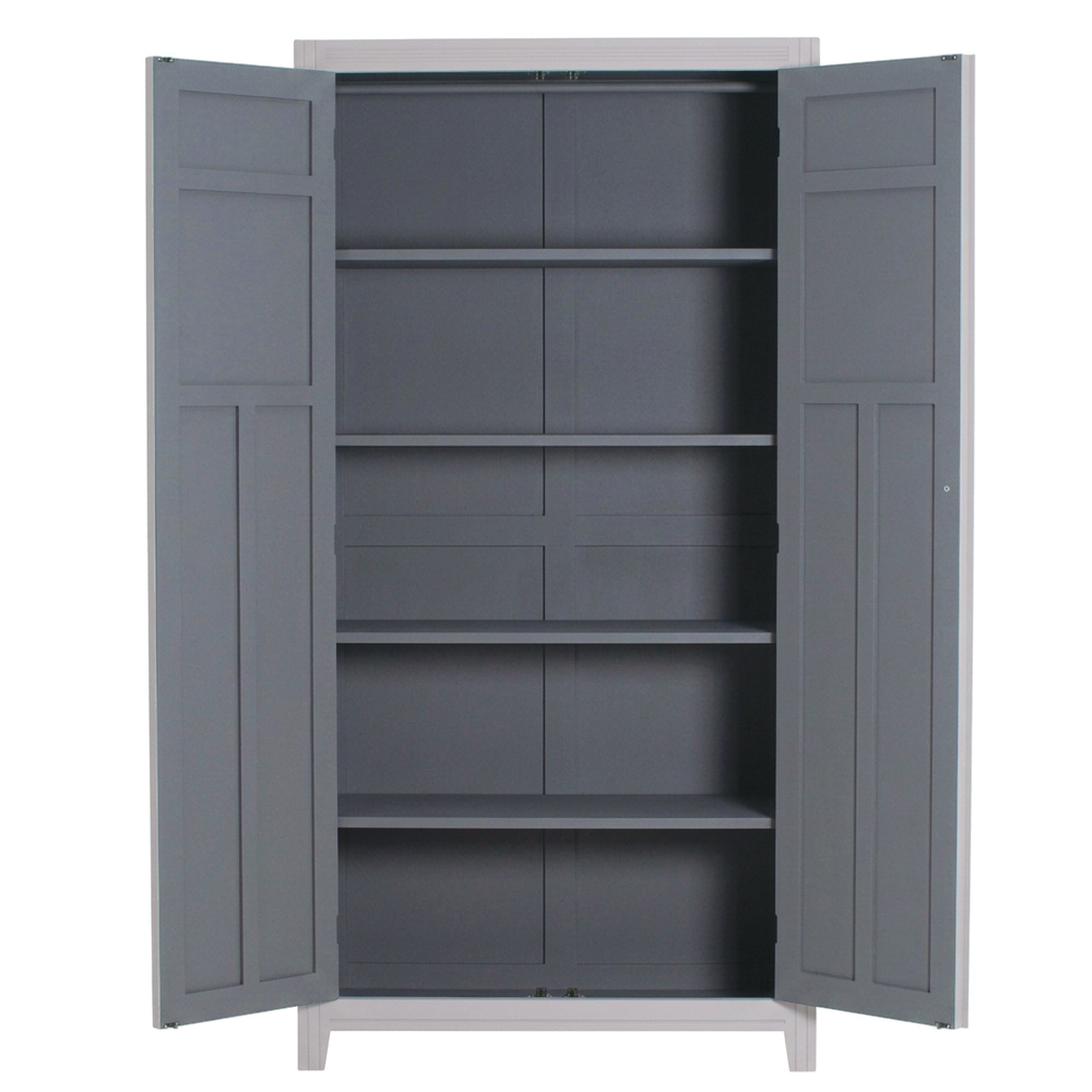 armoire-parisienne-vue-face-ouverte-etageres Armoire Parisienne grise et gris souris portes ouvertes avec étagères