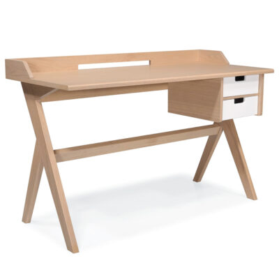 Bureau L11 chêne vue de trois quarts avec tiroirs à droite