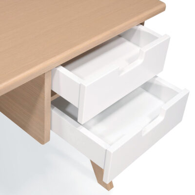 Bureau L11 en vue plongeante avec deux tiroirs ouverts