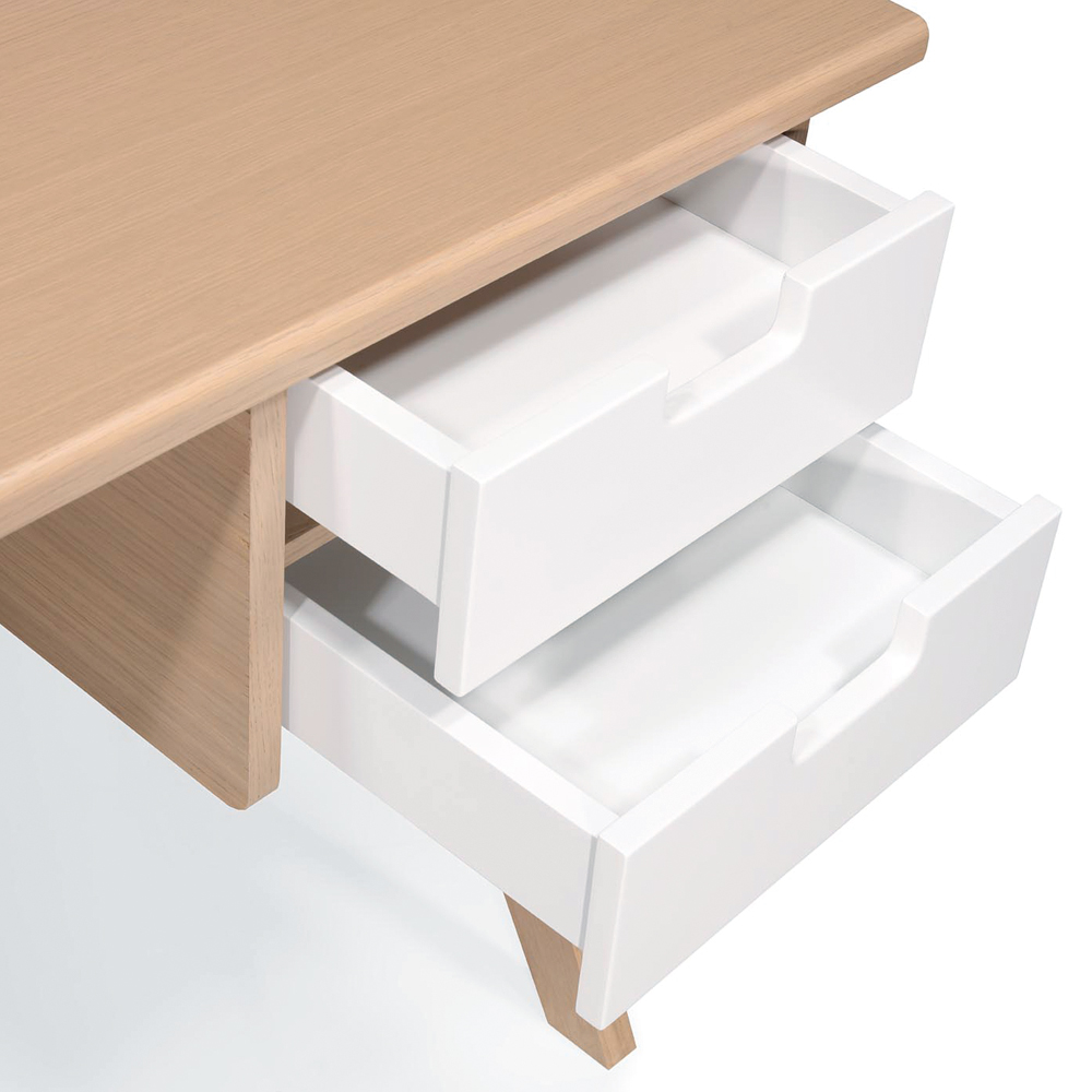 Bureau L11 en vue plongeante avec deux tiroirs ouverts