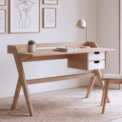 bureau-l11-bois-et-blanc-style-naturel Bureau L11 hêtre et blanc vu de trois quarts ambiance naturelle