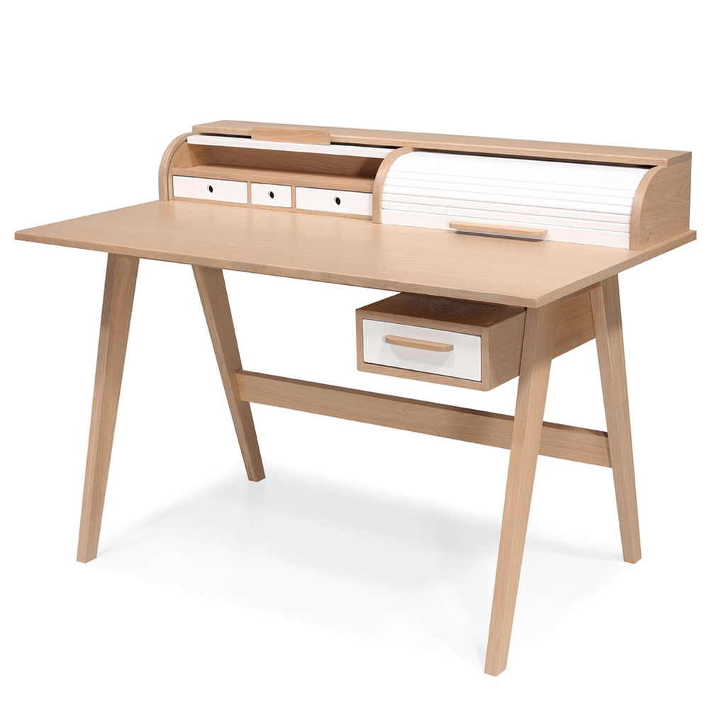 Bureau A2 chêne 3/4 avec caisson à rideau ouvert