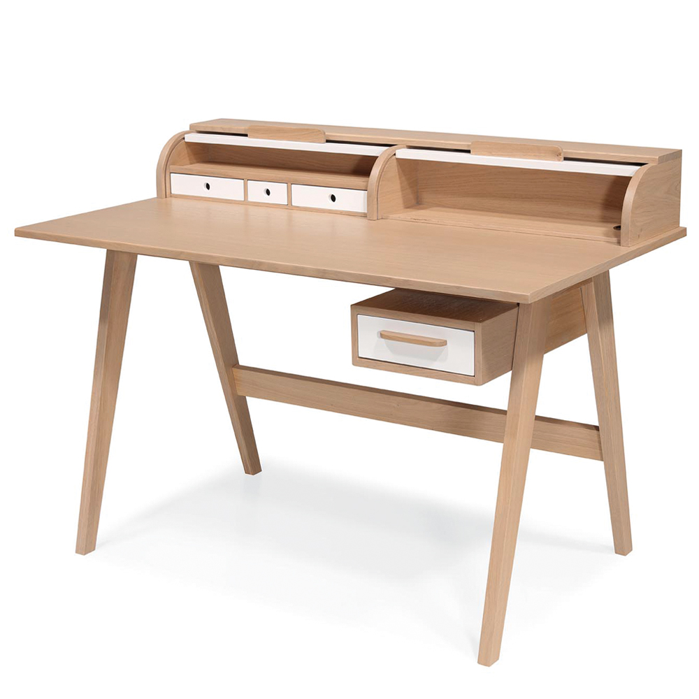 Bureau A2 chêne vue de trois quarts avec caissons à rideaux ouverts