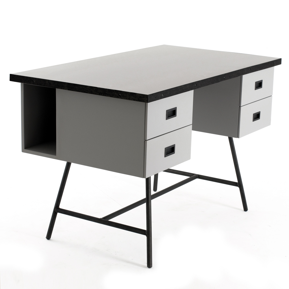bureau-l50-gris-3-4-plongee-niche-gauche Bureau L50 gris vue de trois quarts en plongée avec niche latérale gauche
