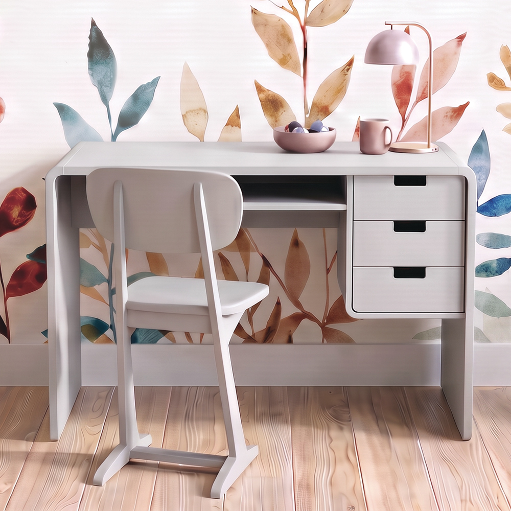 bureau-l65-gris-ambiance-florale Bureau L65 et chaise à patins gris ambiance florale