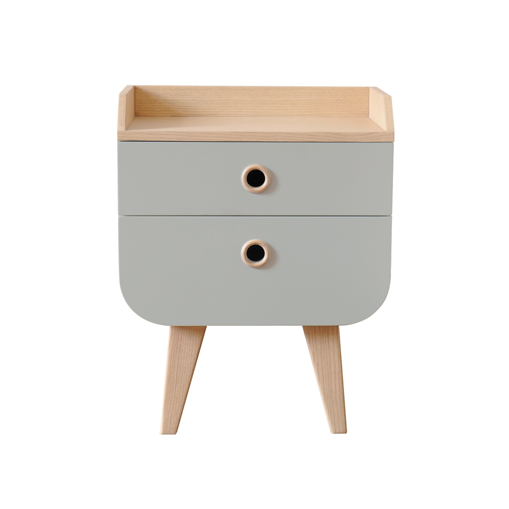 Chevet Zen gris et bois naturel à deux tiroirs