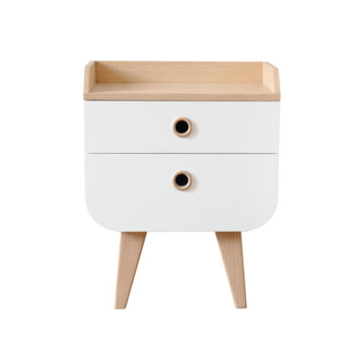 Chevet Zen blanc et bois naturel à deux tiroirs