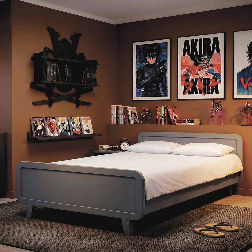 lit-rond-140x200-gris-souris-ambiance-mangas Lit rond 140x200 gris souris dans une chambre ambiance mangas