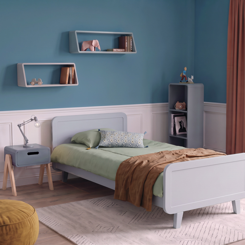 Lit Rond 90x200cm gris chambre garçon bleue