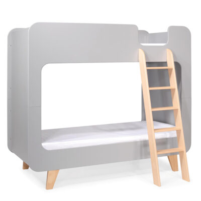 Lit superposé Pile ou Face gris avec pieds en bois naturel vue 3/4 gauche