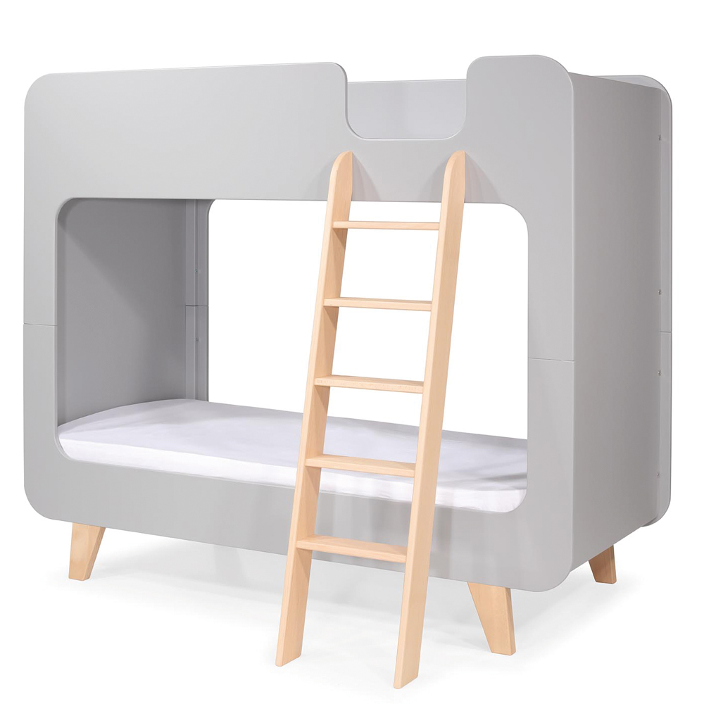 Lit superposé Pile ou Face gris avec pieds en bois naturel vue 3/4 droite