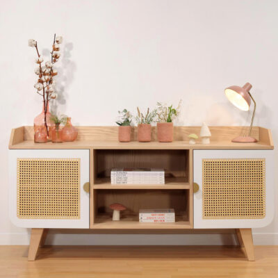 Buffet Zen blanc frêne cannage vue de face ambiance minimaliste.