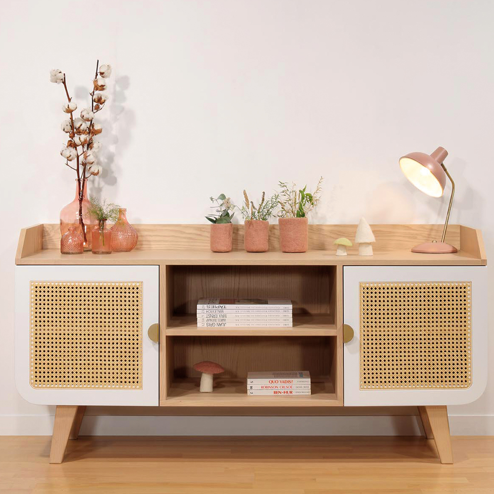Buffet Zen blanc frêne cannage vue de face ambiance minimaliste.