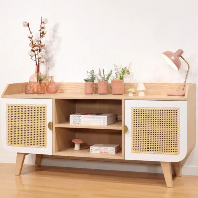 Buffet Zen frêne portes blanc et cannage ambiance minimaliste