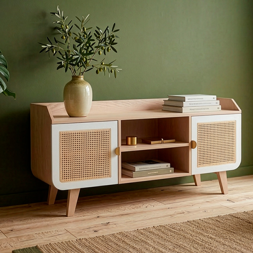 Buffet Zen frêne portes blanc et cannage ambiance chic naturelle
