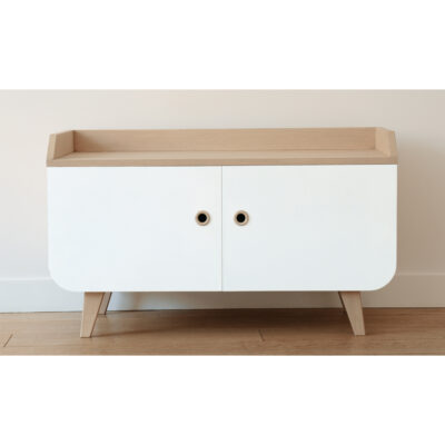 Petit buffet Zen bois de frêne et portes blanches vue de face