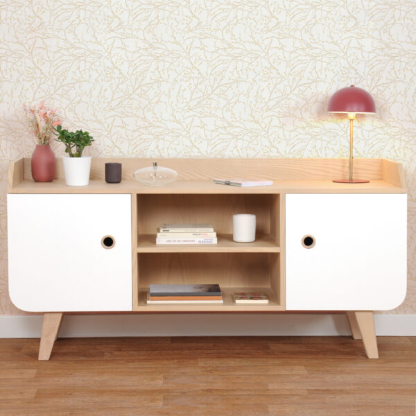 buffet-zen-frene-blanc-salon Buffet Zen finition frêne et blanc dans un salon
