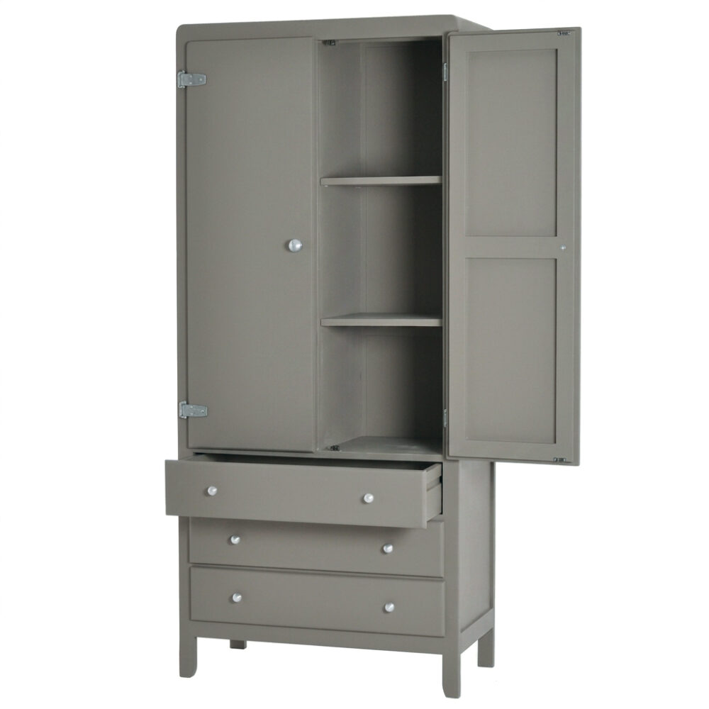 armoire-trois-temps-vert-de-gris-porte-tiroir-ouverts Armoire à 3 temps