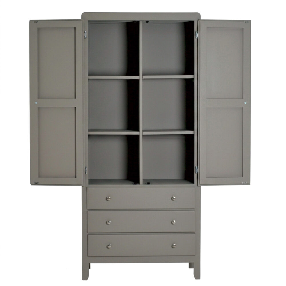 armoire-trois-temps-vert-de-gris-portes-ouvertes-etageres Armoire à 3 temps