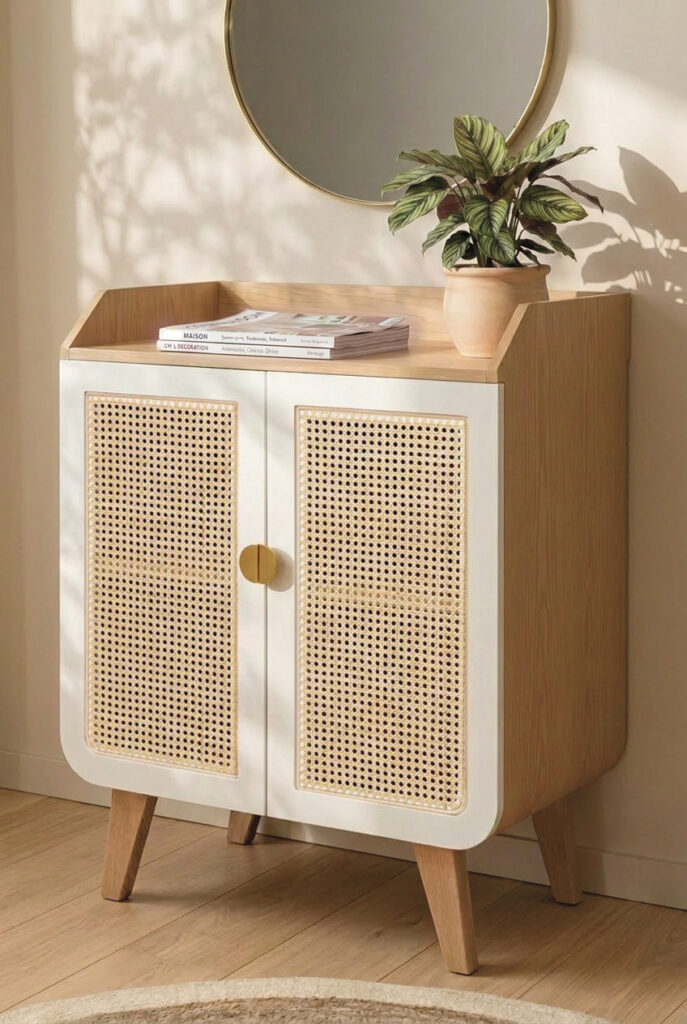 Grand buffet Zen frêne et blanc portes en cannage